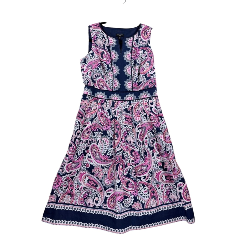 Talbots Dress Womens 2P Blue Pink‎ Paisley Cotton Sleeveless Fit Flare Pockets